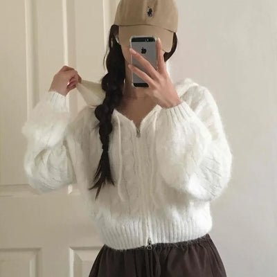 Puff Shoulder Cable Knit Zip-up