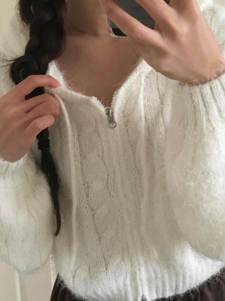 Puff Shoulder Cable Knit Zip-up