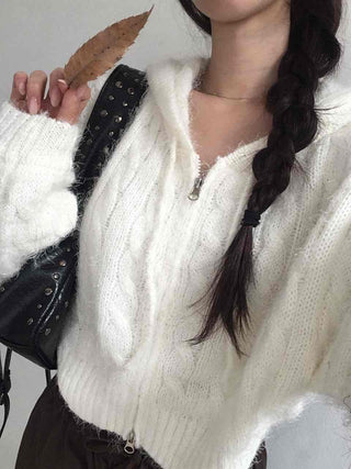 Puff Shoulder Cable Knit Zip-up