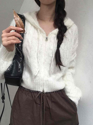 Puff Shoulder Cable Knit Zip-up