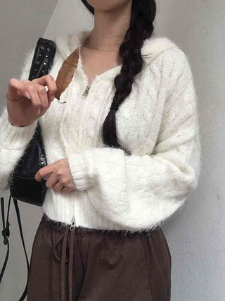 Puff Shoulder Cable Knit Zip-up
