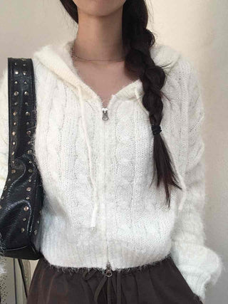 Puff Shoulder Cable Knit Zip-up