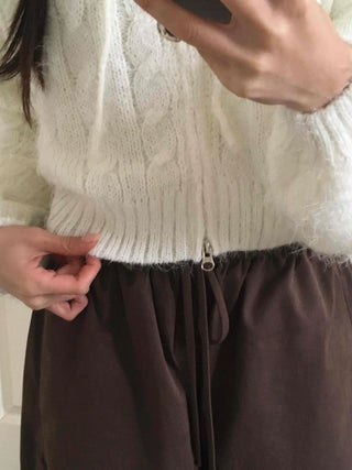 Puff Shoulder Cable Knit Zip-up
