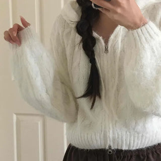 Puff Shoulder Cable Knit Zip-up