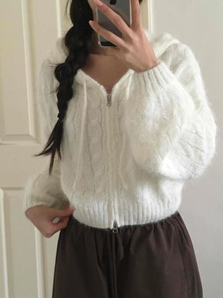 Puff Shoulder Cable Knit Zip-up