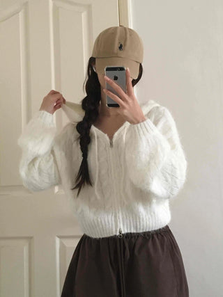 Puff Shoulder Cable Knit Zip-up