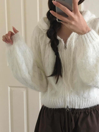 Puff Shoulder Cable Knit Zip-up