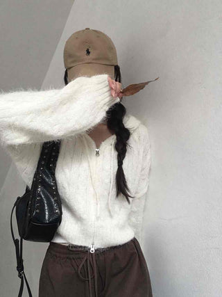 Puff Shoulder Cable Knit Zip-up