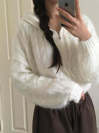 Puff Shoulder Cable Knit Zip-up