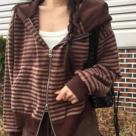 Bordered Puff Shoulder Two-Way Zip-Up Hoodie