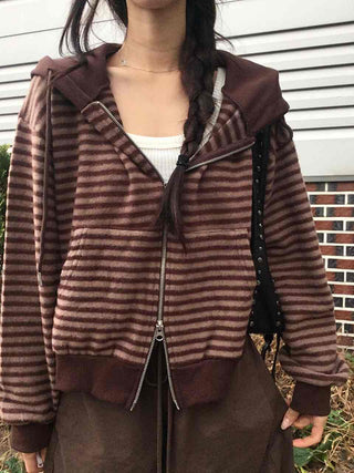 Bordered Puff Shoulder Two-Way Zip-Up Hoodie