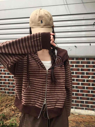 Bordered Puff Shoulder Two-Way Zip-Up Hoodie