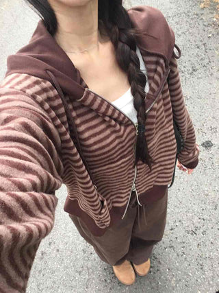 Bordered Puff Shoulder Two-Way Zip-Up Hoodie