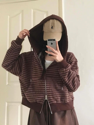 Bordered Puff Shoulder Two-Way Zip-Up Hoodie