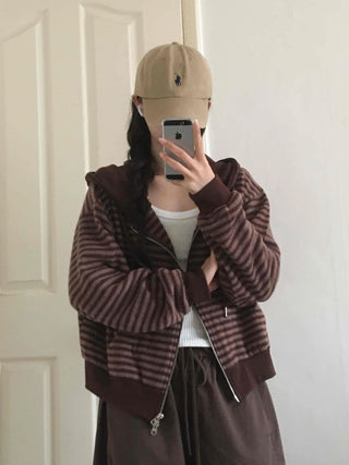Bordered Puff Shoulder Two-Way Zip-Up Hoodie