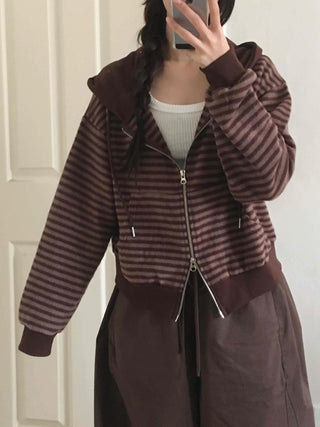 Bordered Puff Shoulder Two-Way Zip-Up Hoodie