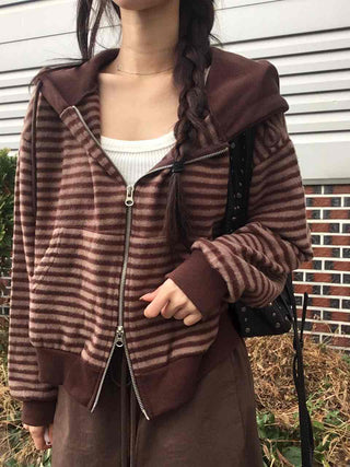 Bordered Puff Shoulder Two-Way Zip-Up Hoodie