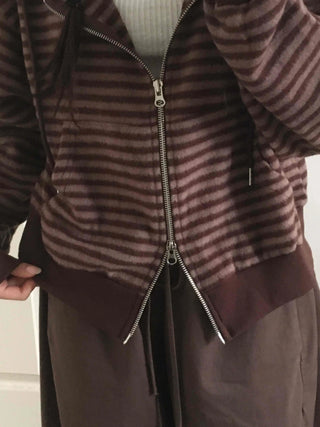Bordered Puff Shoulder Two-Way Zip-Up Hoodie