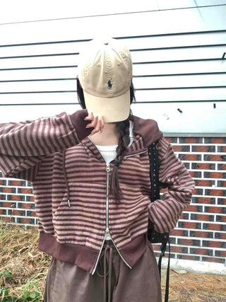 Bordered Puff Shoulder Two-Way Zip-Up Hoodie