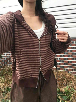 Bordered Puff Shoulder Two-Way Zip-Up Hoodie