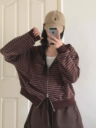 Bordered Puff Shoulder Two-Way Zip-Up Hoodie