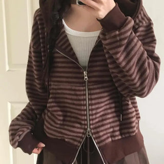 Bordered Puff Shoulder Two-Way Zip-Up Hoodie
