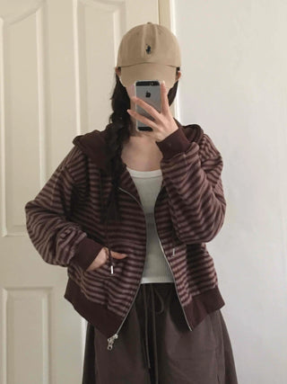 Bordered Puff Shoulder Two-Way Zip-Up Hoodie