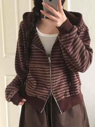 Bordered Puff Shoulder Two-Way Zip-Up Hoodie