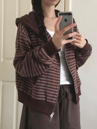 Bordered Puff Shoulder Two-Way Zip-Up Hoodie