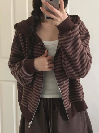 Bordered Puff Shoulder Two-Way Zip-Up Hoodie