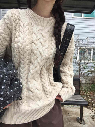 Vintage Cable Knit Cotton Round Neck Knit
