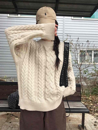 Vintage Cable Knit Cotton Round Neck Knit