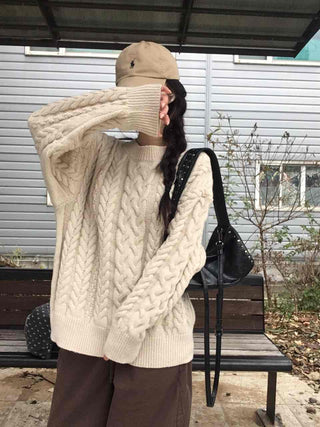 Vintage Cable Knit Cotton Round Neck Knit