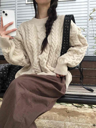 Vintage Cable Knit Cotton Round Neck Knit