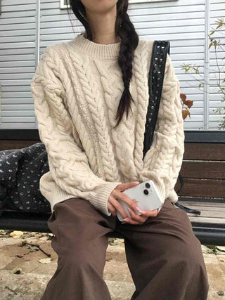 Vintage Cable Knit Cotton Round Neck Knit