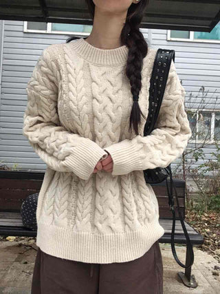Vintage Cable Knit Cotton Round Neck Knit
