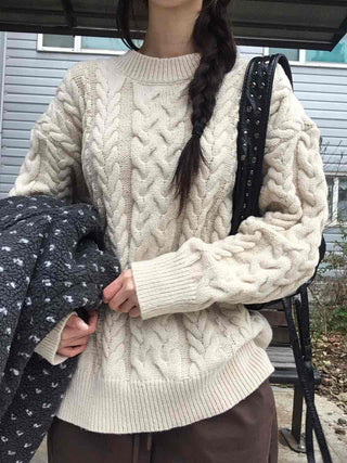 Vintage Cable Knit Cotton Round Neck Knit