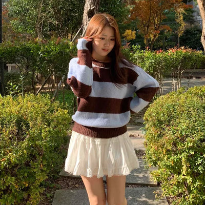 Vintage Color Block Stripe Puff Round Knit