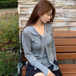 Slim Fit V-Neck Knit with Integrated Scarf