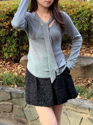 Slim Fit V-Neck Knit with Integrated Scarf