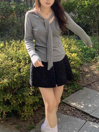 Slim Fit V-Neck Knit with Integrated Scarf