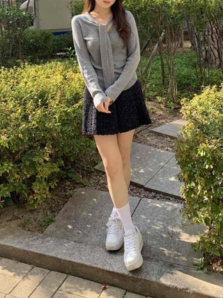 Slim Fit V-Neck Knit with Integrated Scarf