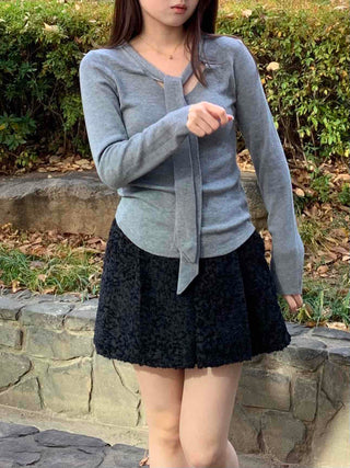 Slim Fit V-Neck Knit with Integrated Scarf