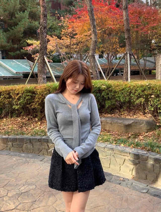 Slim Fit V-Neck Knit with Integrated Scarf