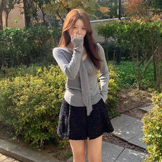 Slim Fit V-Neck Knit with Integrated Scarf