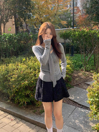 Slim Fit V-Neck Knit with Integrated Scarf