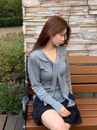 Slim Fit V-Neck Knit with Integrated Scarf