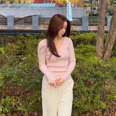 Slim Deep V-Neck Long Sleeve Ribbed Knit