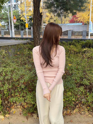 Slim Deep V-Neck Long Sleeve Ribbed Knit