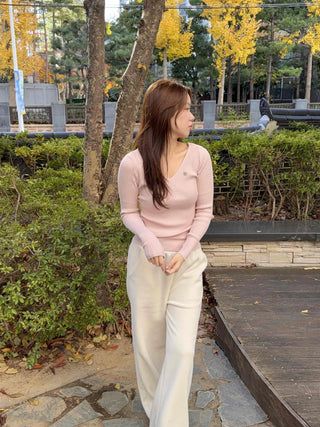 Slim Deep V-Neck Long Sleeve Ribbed Knit